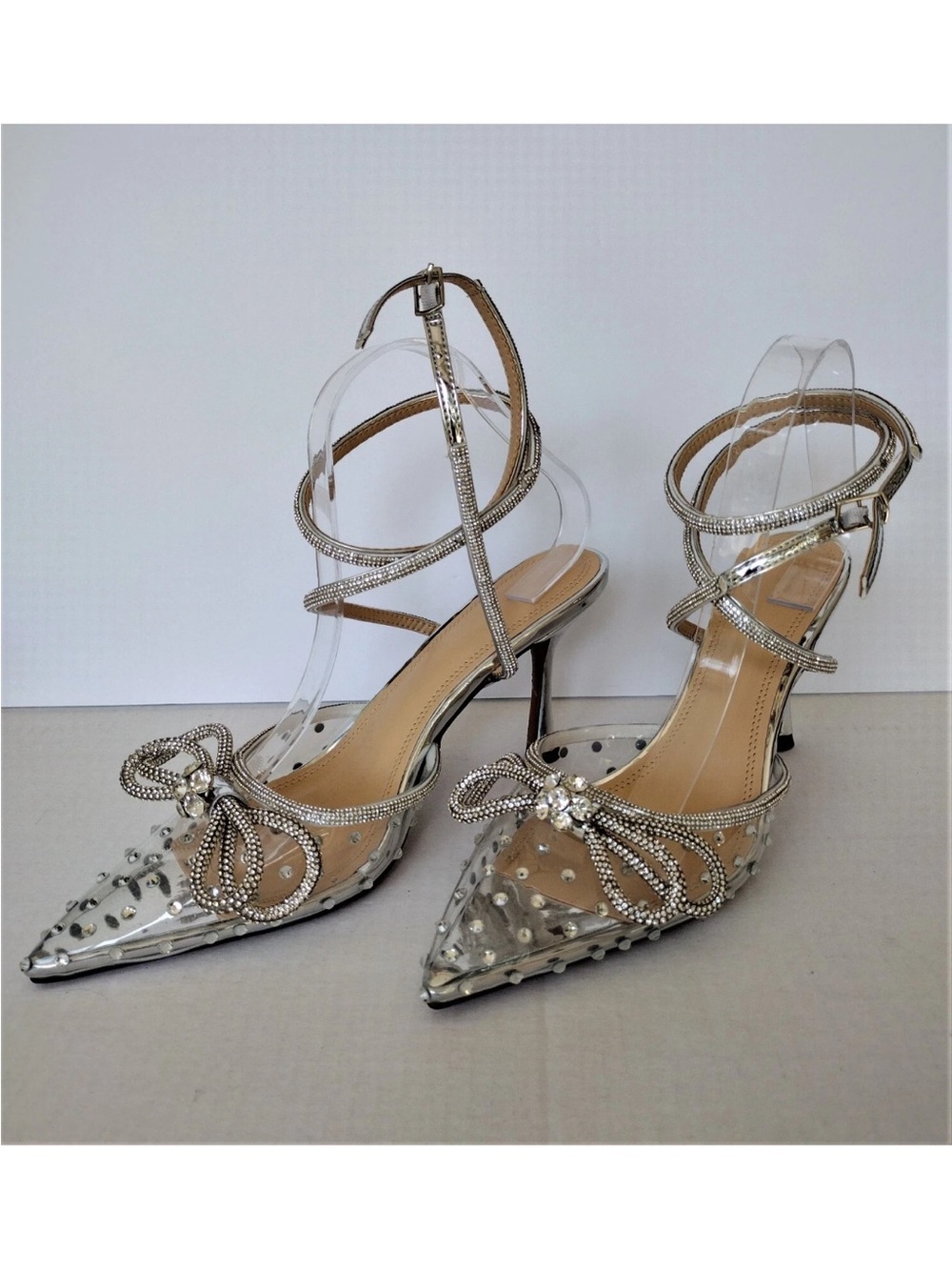 Silver Embellished Pointed-Toe Ankle Strap Heels